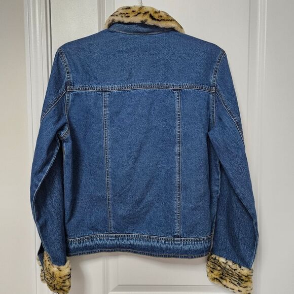 Faux Leopard Ikon Clothing Jean Jacket Women's Small Fur Collar Cuffs Buttons - Picture 10 of 10